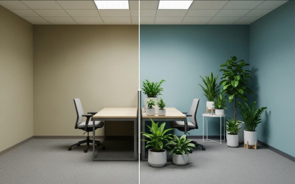Ein Büroraum mit einem Besprechungstisch, umgeben von verschiedenen Topfpflanzen, die den Raum verschönern.