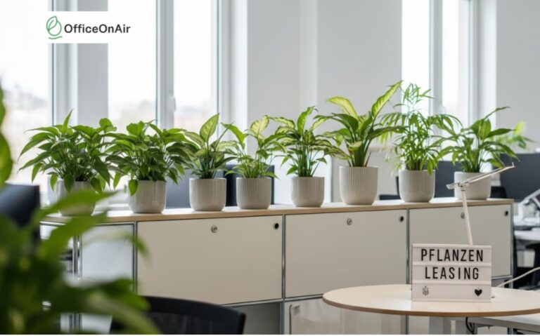 Eine Anordnung von Topfpflanzen auf einem Schrank mit einem Schild, das "Pflanzenleasing" lautet, in einem Büroumfeld.